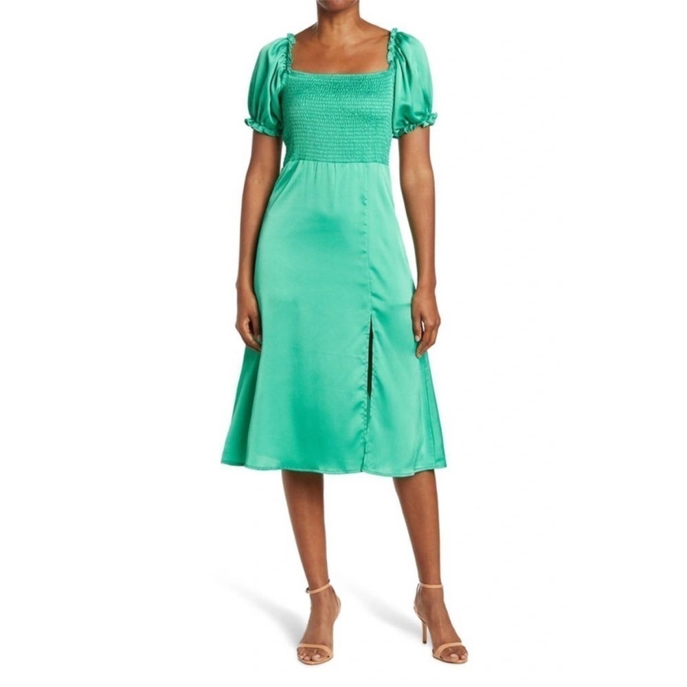 NSR Satin Green Puff Sleeve Midi Dress